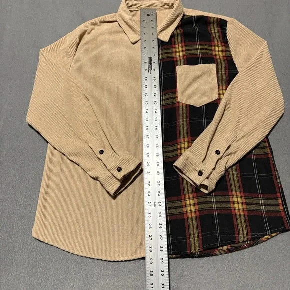 Mens Corduroy Shirt XXL Khaki Long Sleeve Button Up Flannel Plaid Shacket - Picture 4 of 14